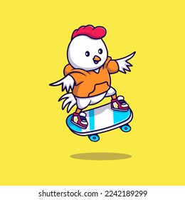 Cool Chicken Playing Skateboard Cartoon Vector Icons Illustration. Flat Cartoon Concept. Suitable for any creative project.