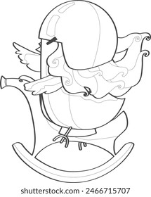 A cool chicken is sitting on a rocking carriage in black and white