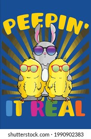 Cool Chicks Bunnies Chilling Together Peepin It Real Easter Vector Illustration Graphic Design for Document and Print