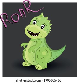 Cool children's picture with a dinosaur. The Dragon. Gray background. Vector. Illustration. Flat style. Animation. Cartoon. Text Roar.