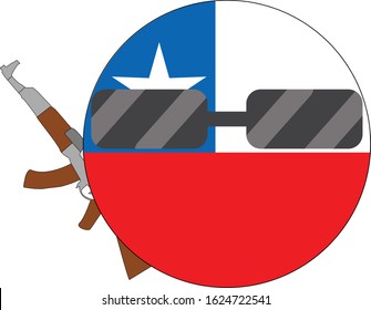 Cool Chile flag emoji. Round Chilean flag emoticon wearing sunglasses and holding a machine gun. Expression of protest, fighting for freedom, independence, patriotism and Chilean culture.