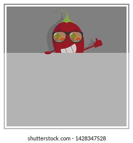Cool chili in sunglasses with a reflection of the ocean and palm trees, smiling, showing thumb up, and holding onto a sign for text. Vector cartoon summer concept illustration.