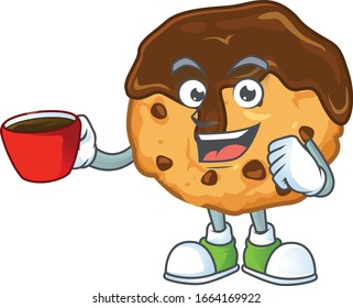 Cool chocolate chips with cream cartoon character with a cup of coffee