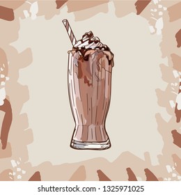 Cool Chocolate Milkshake in glass with chocolate, vanilla, caramel toffee isolated. Colorful vector illustration in sketch style. Hand drawn image for menu and poster design with energetic fresh drink