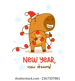 Cool Christmas cute capybara in Santa hat with New Years garland and congratulations. Vector illustration. Funny winter festive animal character rodent for cards, design, print, kids collection