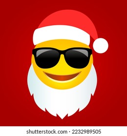 Cool Christmas emoji in Santa Claus costume, vector cartoon on red background. Greeting card holiday design.