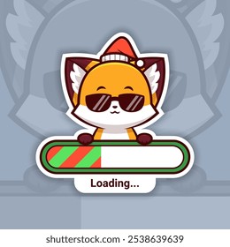 Cool Christmas Fox with Loading Bar, Cute Vector Sticker Design, the holidays are coming soon