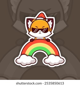 Cool Christmas Fox with Sunglasses Holding Rainbow Icon, Vector Sticker Design