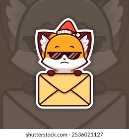 Fox de Natal legal com óculos de sol segurando o ícone de e-mail, Vetor design adesivo