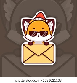 Cool Christmas Fox with Sunglasses Holding Mail Icon, Vector Sticker Design