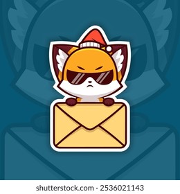 Cool Christmas Fox with Sunglasses Holding Mail Icon, Vector Sticker Design