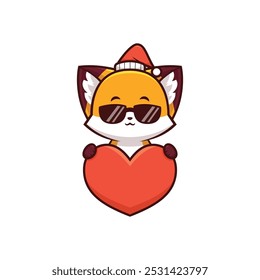 Cool Christmas Fox Wearing Glasses Holding Heart Icon, Stylish Holiday Illustration, best for logos, for icons in your designs, best for t-shirt designs