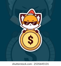 Cool Christmas Fox Wearing Sunglasses Holding Coin or Money Icon, Vector Sticker Design