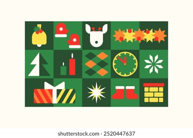 Cool Of Christmas Geometric Pattern. Abstract green background. Simple Holiday geometric elements. Swiss Design Shapes. Bauhaus Decorative Banner