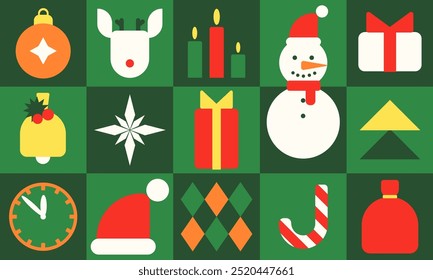 Cool Of Christmas Geometric Pattern. Abstract green background. Simple Holiday geometric elements. Swiss Design Shapes. Bauhaus Decorative Banner