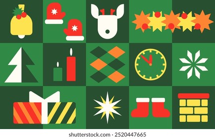 Cool Of Christmas Geometric Pattern. Abstract green background. Simple Holiday geometric elements. Swiss Design Shapes. Bauhaus Decorative Banner