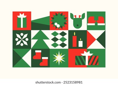 Cool Of Christmas Geometric Pattern. Abstract green background. Simple Holiday geometric elements. Swiss Design Shapes. Bauhaus Decorative Banner