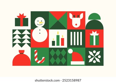 Cool Of Christmas Geometric Pattern. Abstract green background. Simple Holiday geometric elements. Swiss Design Shapes. Bauhaus Decorative Banner