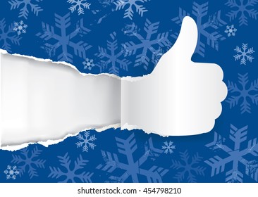 Cool christmas paper background.
Blue grunge snowflakes background with thumbs up and  with place for your text or image. Vector available.

