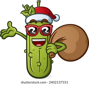 Cool christmas pickle cartoon with attitude and sunglasses holding a santa sack of toys for all the good girls and boys on christmas day