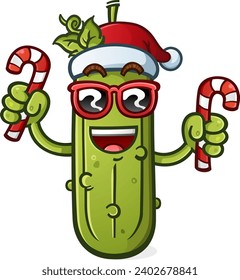 Cool christmas pickle cartoon with attitude and sunglasses holding a couple festive candy canes for all the good girls and boys on christmas morning