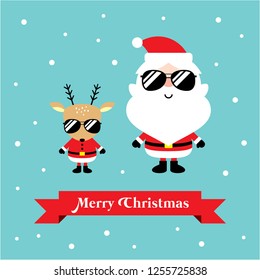 cool christmas santa claus and reindeer merry christmas greeting card vector. cute santa clause and deer with sunglasses happy new year card.