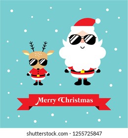 cool christmas santa claus and reindeer merry christmas greeting card vector. cute santa clause and deer with sunglasses happy new year card.