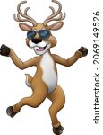Cool Christmas Santas reindeer cartoon character in sunglasses dancing or running along