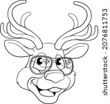 A cool Christmas Santas reindeer cartoon character in sunglasses. In black and white outline like a coloring book page.