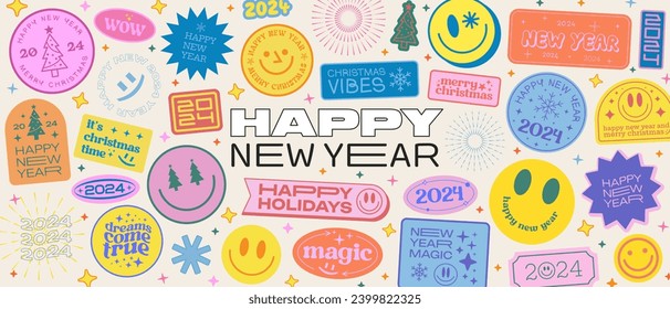 Cool Christmas Stickers Collage Background. Set Of Y2k Smile Happy New Year 2024 Patches Vector Design. Pop Art Elements.