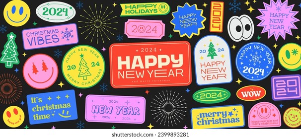 Cool Christmas Stickers Collage Background. Set Of Y2k Smile Happy New Year 2024 Patches Vector Design. Pop Art Elements.