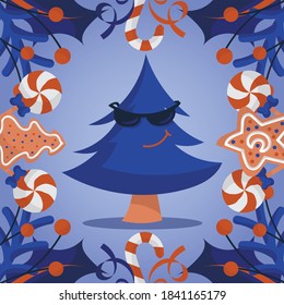 Cool Christmas tree in sunglasses in a frame with holly berries and leaves, confetti ribbons, gingerbread cookies, candies and copy space. Purple background. Flat style illustration.
