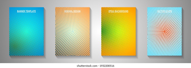 Cool circle perforated halftone title page templates vector set. School brochure faded halftone backdrops. Vintage cartoon comics style cover leaflets. Overlay spots grid