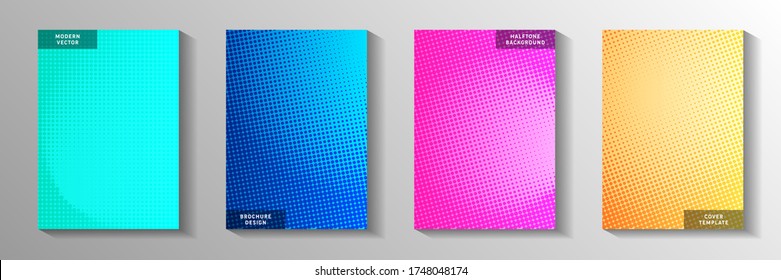 Cool circle screen tone gradation title page templates vector batch. Business magazine faded screen tone patterns. Vintage manga comics style front page leaflets. Linear design.