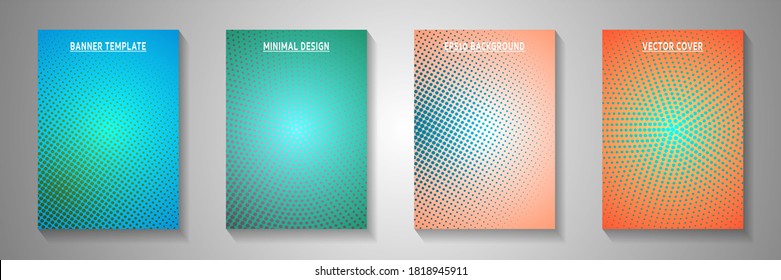 Cool circle screen tone gradation front page templates vector kit. Business catalog faded screen tone backgrounds. Vintage manga comics style cover page leaflets. Gradient design.