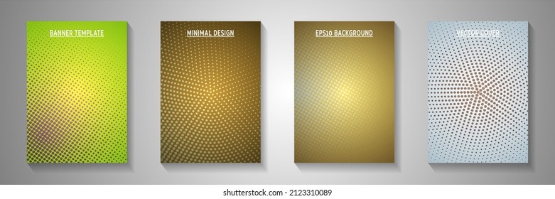 Kit vectorial de plantillas de títulos de página de nivelación de tonos de pantalla de círculo frío. El folleto científico desvaneció los tonos de la pantalla. Folletos de portada de historietas de dibujos retro. Diseño de degradado.