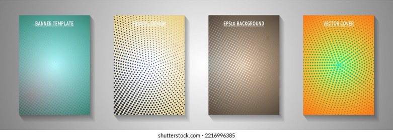 Cool circle screen tone gradation title page templates vector batch. Scientific brochure faded screen tone backgrounds. Retro cartoon comics style cover leaflets. Line art design.