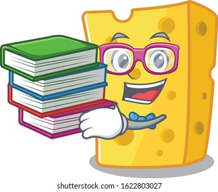 Cool and clever Student emmental cheese mascot cartoon with book