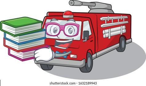 Cool and clever Student fire truck mascot cartoon with book