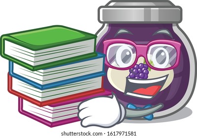 Cool and clever Student grape jam mascot cartoon with book