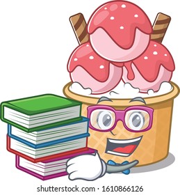 Cool and clever Student ice cream sundae mascot cartoon with book