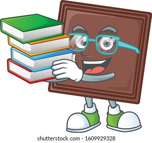 Cool and clever Student one bite chocolate bar mascot cartoon with book