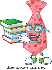 Cool and clever Student pink love tie mascot cartoon with book