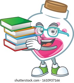 Cool and clever Student pink potion mascot cartoon with book