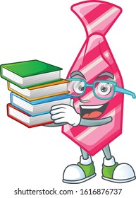 Cool and clever Student pink stripes tie mascot cartoon with book