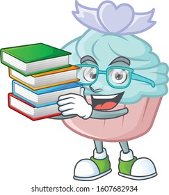 Cool and clever Student vanilla blue love cupcake mascot cartoon with book