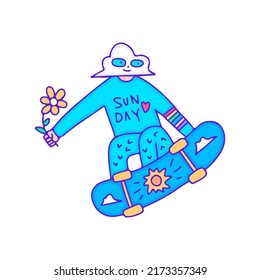 Cool cloud character holding sunflower and freestyle with skateboard, illustration for t-shirt, sticker, or apparel merchandise. With modern pop art.