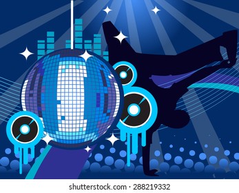 Cool club scene with disco ball and break dancer silhouette vector illustration.