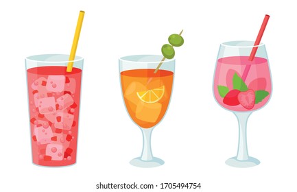 Cool Cocktails with Ice Cubes and Berries Poured in Drinking Glass Vector Set