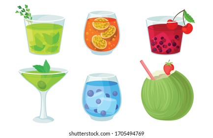 Cool Cocktails with Ice Cubes and Berries Poured in Drinking Glass Vector Set